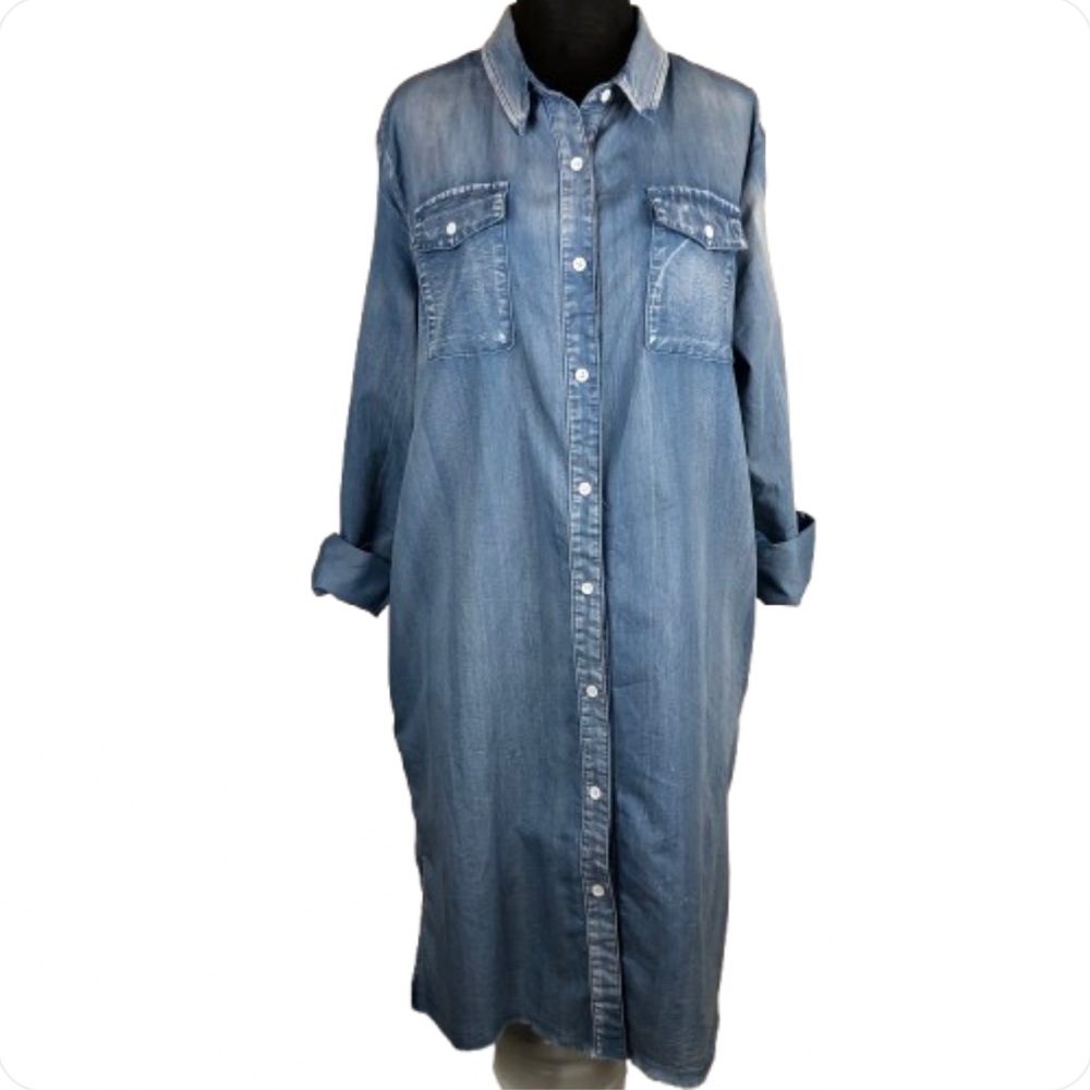 Denim Button-Front Midi Shirt Dress in Light Blue